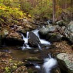 Beautiful fall photo of water rushing over rocks in mountain stream