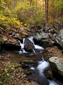 Beautiful fall photo of water rushing over rocks in mountain stream