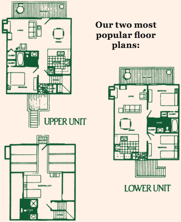 Floor plan showing layouts of condominiums in Helen Georgia