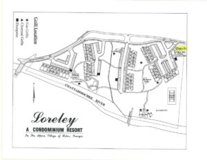 Property map showing building locations at Loreley Resort in Helen Georgia