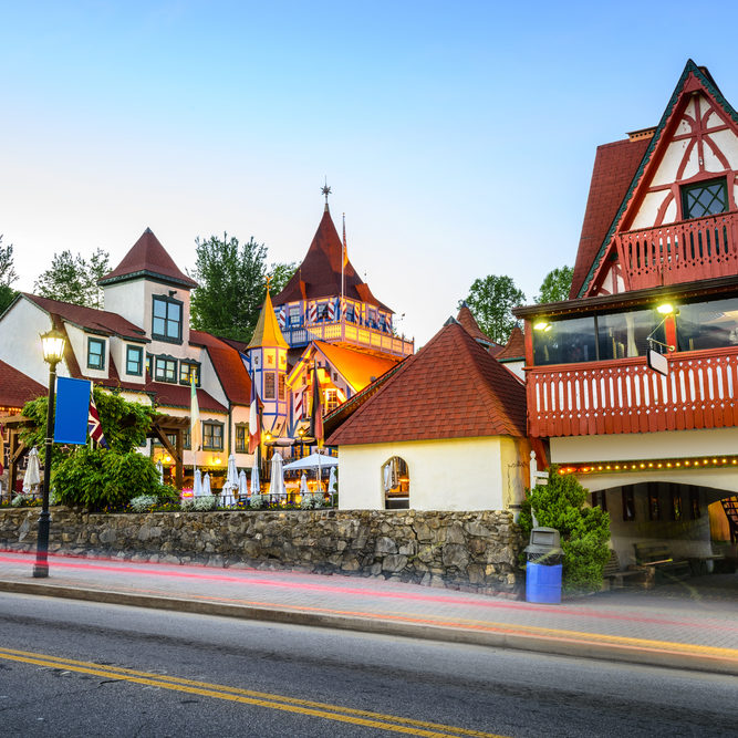 Beautiful evening photo of shops in quaint town of Helen GA